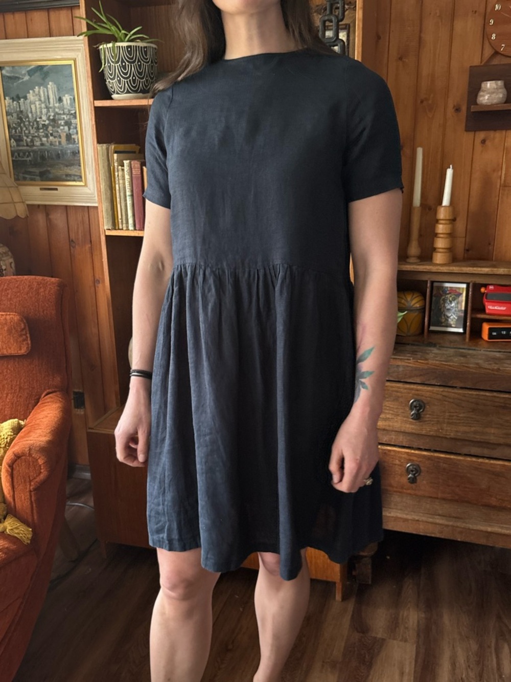 Handmade Navy Linen Minimalist Dress M/L